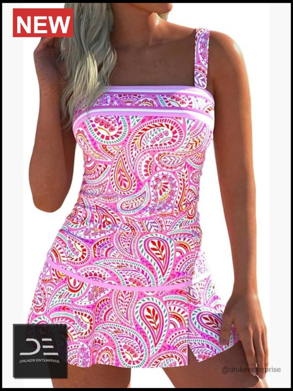 Tummy Control Tankini Two Piece Ruched Swimdress With Skirt Bandeau Top